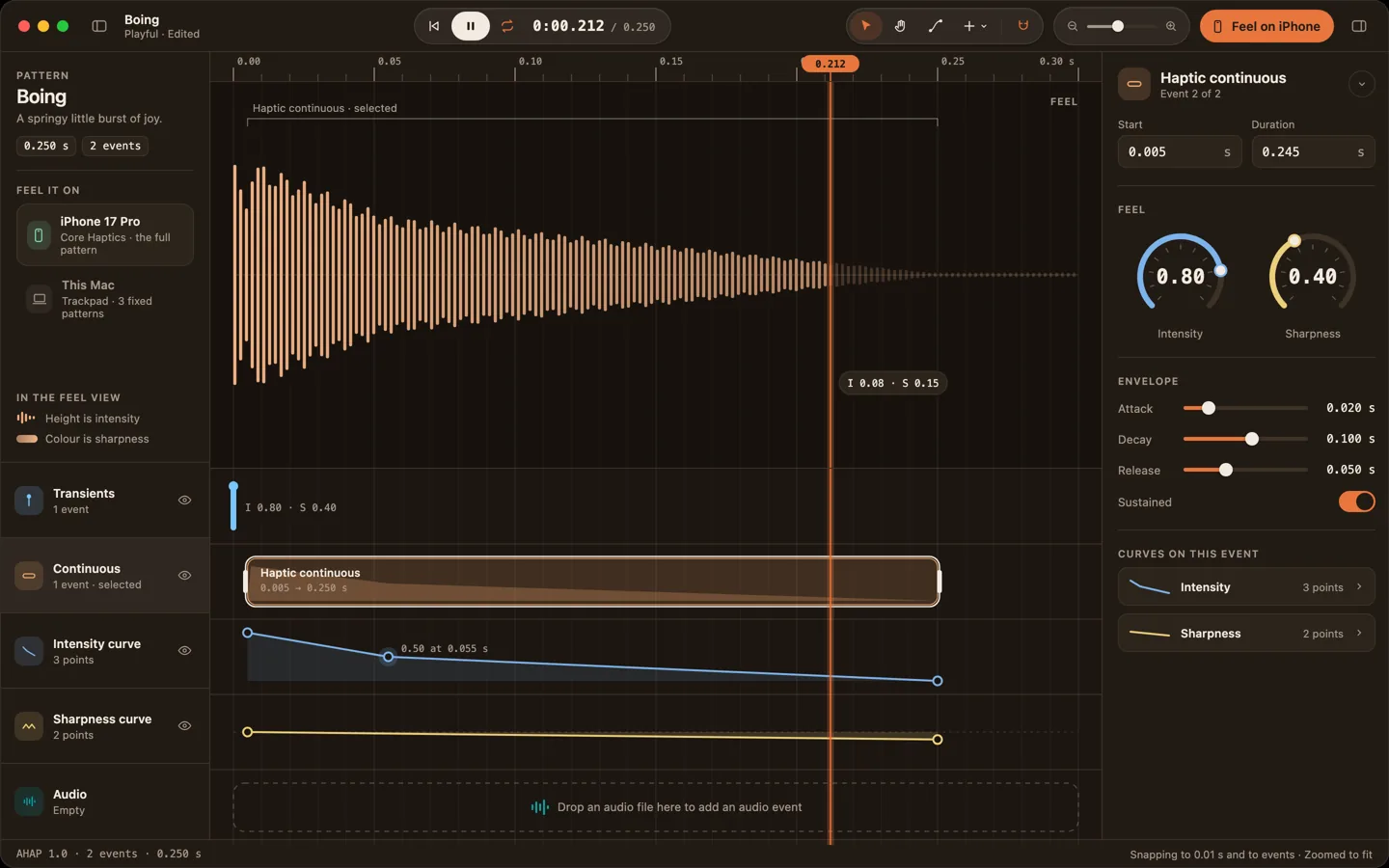 Haptrix design concept: a haptic waveform with a timeline and intensity controls.