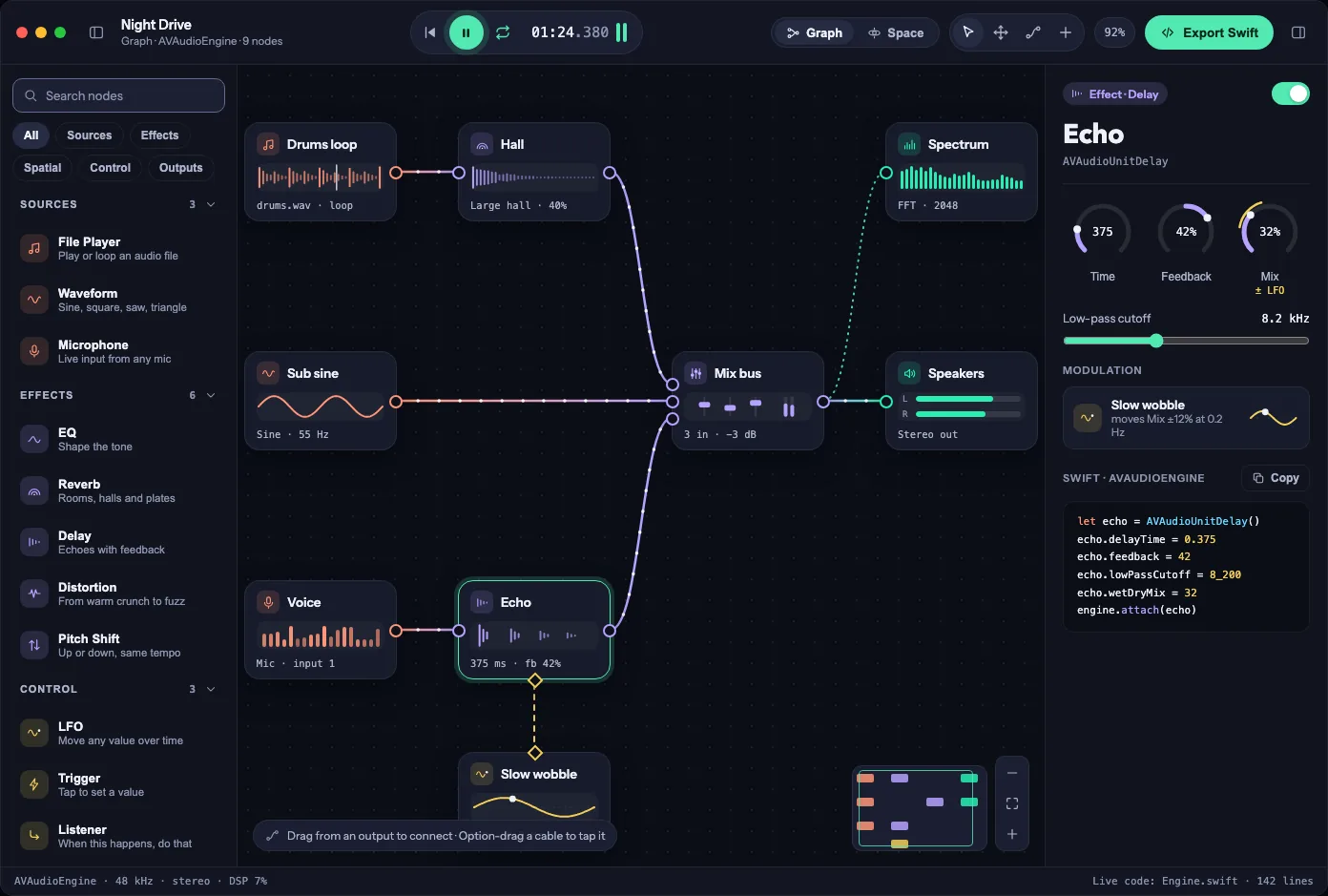 Phonique design concept: players and audio effects connected by coloured cables on a node canvas.