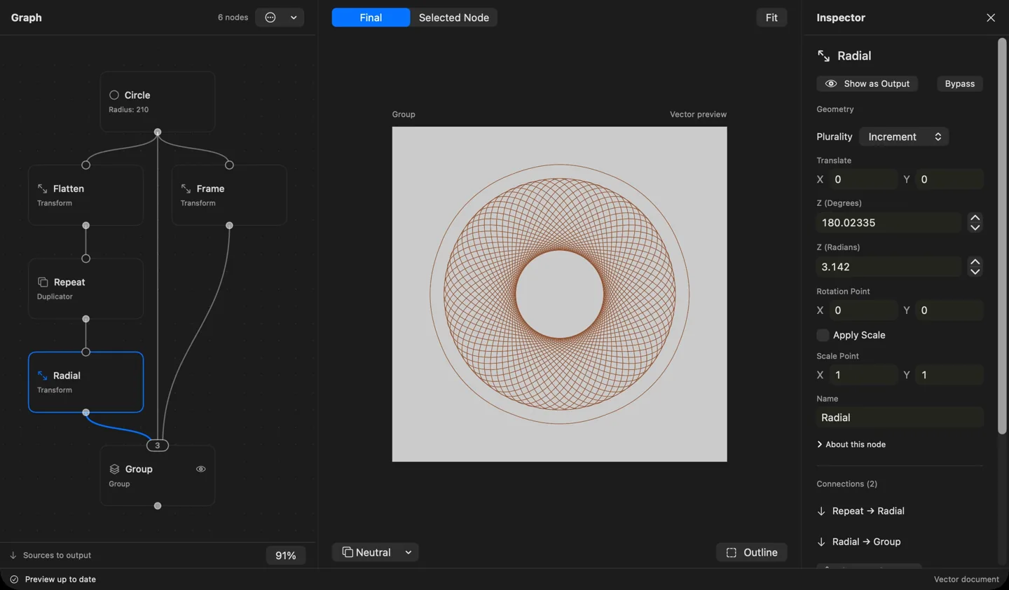 VectorFlow on Mac: a connected node graph creates an intricate circular vector pattern.